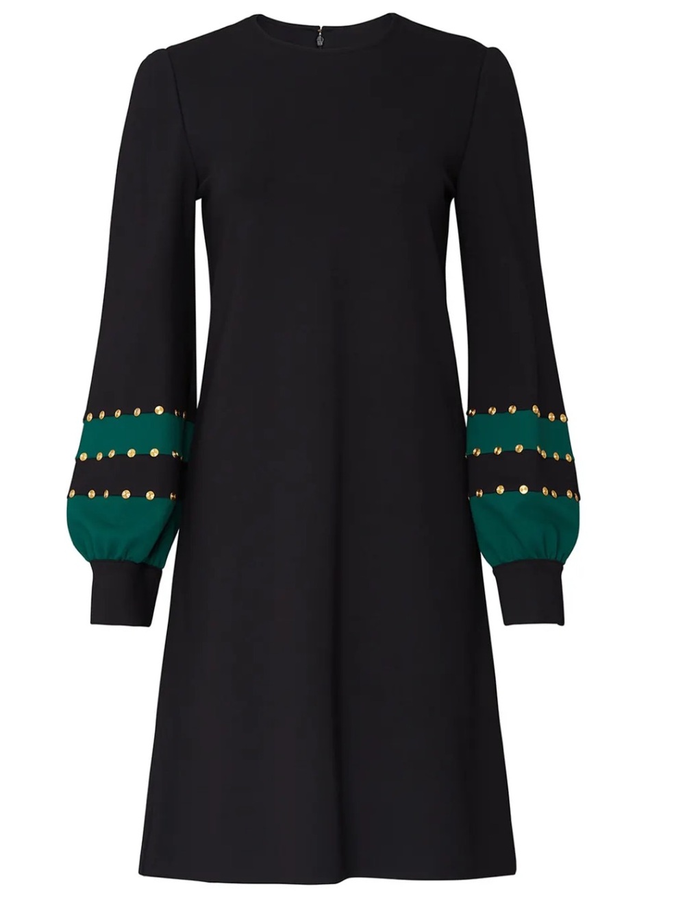 Tory Burch Black Ponte Dress with Green Grommet-Accent Sleeves